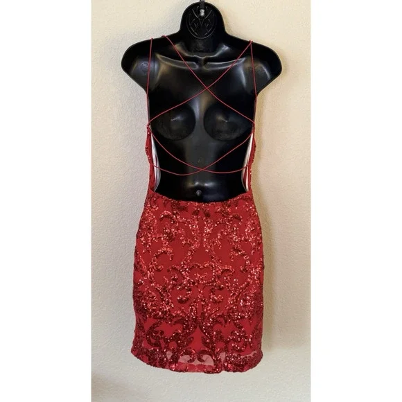 Windsor Red Mini Sparkle Dress Glam Sequin Cocktail Party Love Romantic, M - Picture 4 of 9